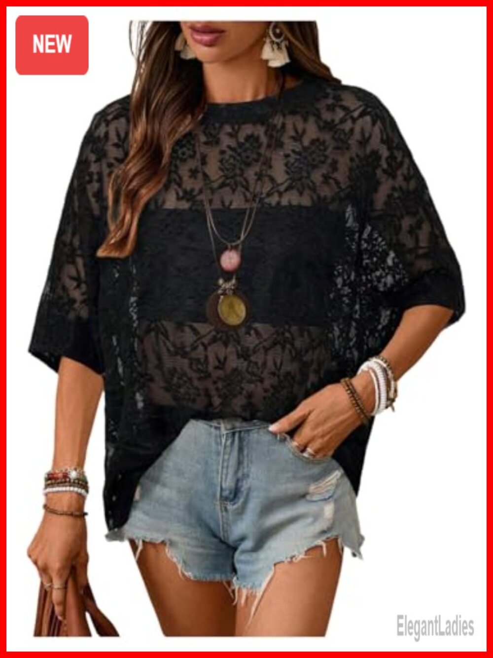 Sheer Lace Mesh Embroidered Top Oversized 3/4 Sleeve Festival Blouse
